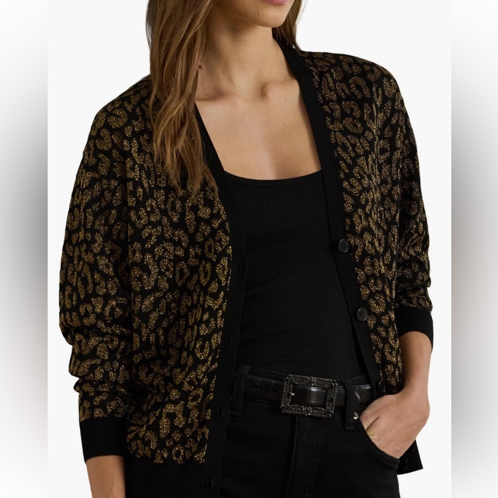 Lauren Ralph Lauren Metallic Ocelot Double-Knit Cardigan in black gold Small